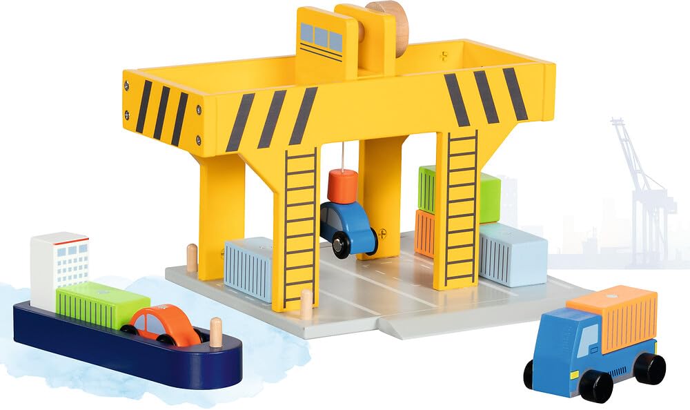 goki 55826 - Wooden Harbour Crane with Container, Cargo Ship and Vehicles, Bridge Crane/Container Crane with Crank and Magnetic Lifter, Container Port Toy Set