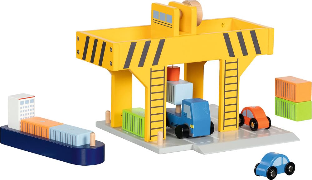 goki 55826 - Wooden Harbour Crane with Container, Cargo Ship and Vehicles, Bridge Crane/Container Crane with Crank and Magnetic Lifter, Container Port Toy Set