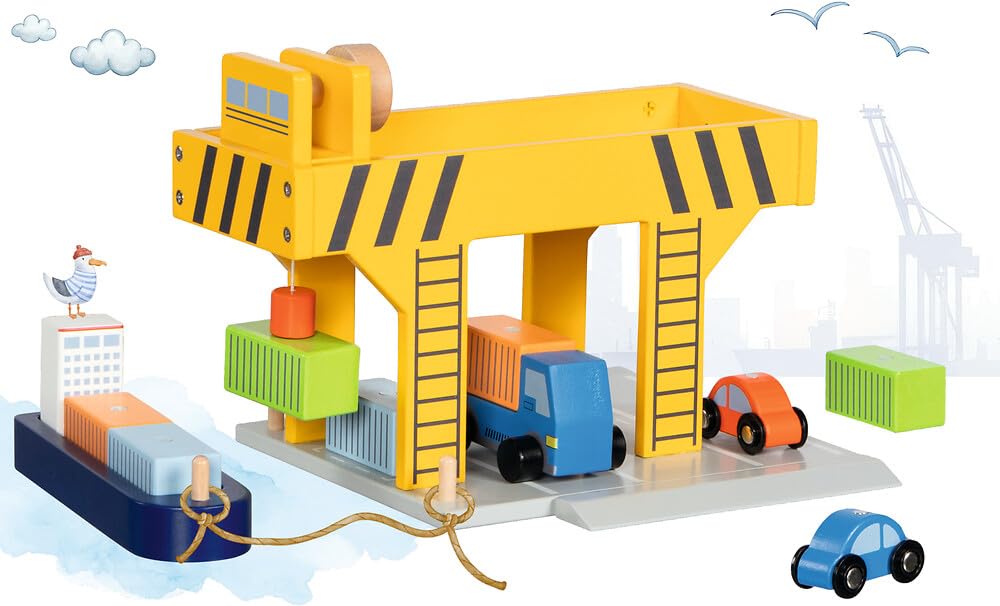 goki 55826 - Wooden Harbour Crane with Container, Cargo Ship and Vehicles, Bridge Crane/Container Crane with Crank and Magnetic Lifter, Container Port Toy Set