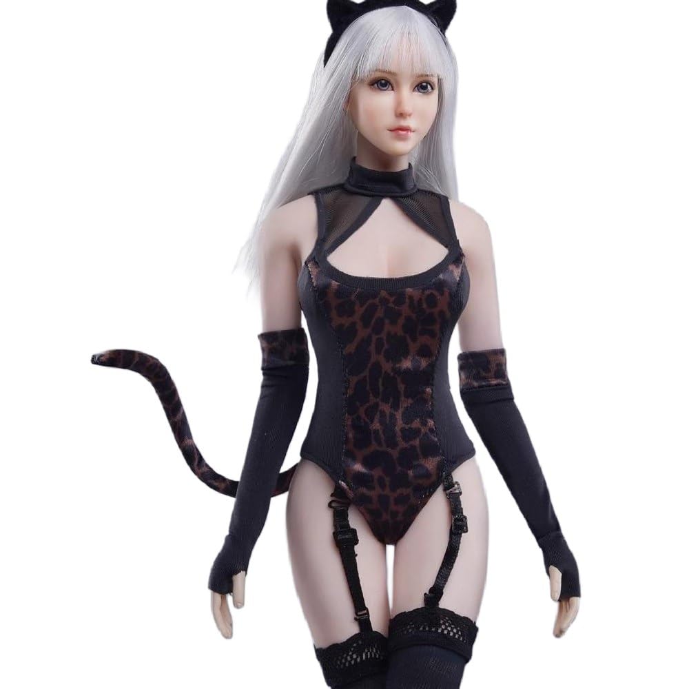 Pipigirl 1/6 Scale Figure Doll Clothes Set, Women's Cat Tail Leopard Pattern Clothing Set, Outfit Costume for 12 Inch Female Action Figure for 1/6 Scale Figure Doll(Only Clothes+Head Carving)