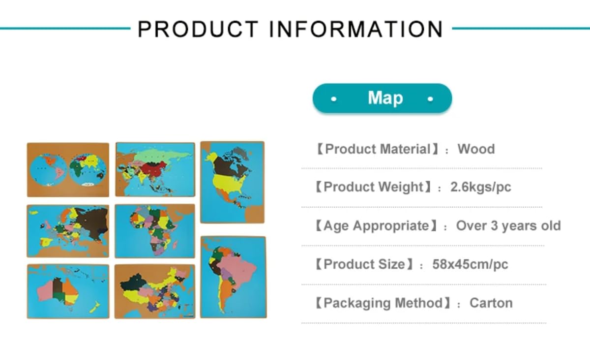 Scientific Culture World Puzzles Map with Knob 3D Puzzle Game Geography Learning Wood Maps Color Board Montessori Scientific Geography World Map Educational Teaching Toys (World Part)