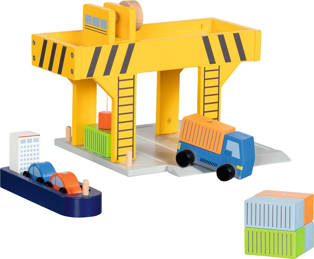 goki 55826 - Wooden Harbour Crane with Container, Cargo Ship and Vehicles, Bridge Crane/Container Crane with Crank and Magnetic Lifter, Container Port Toy Set
