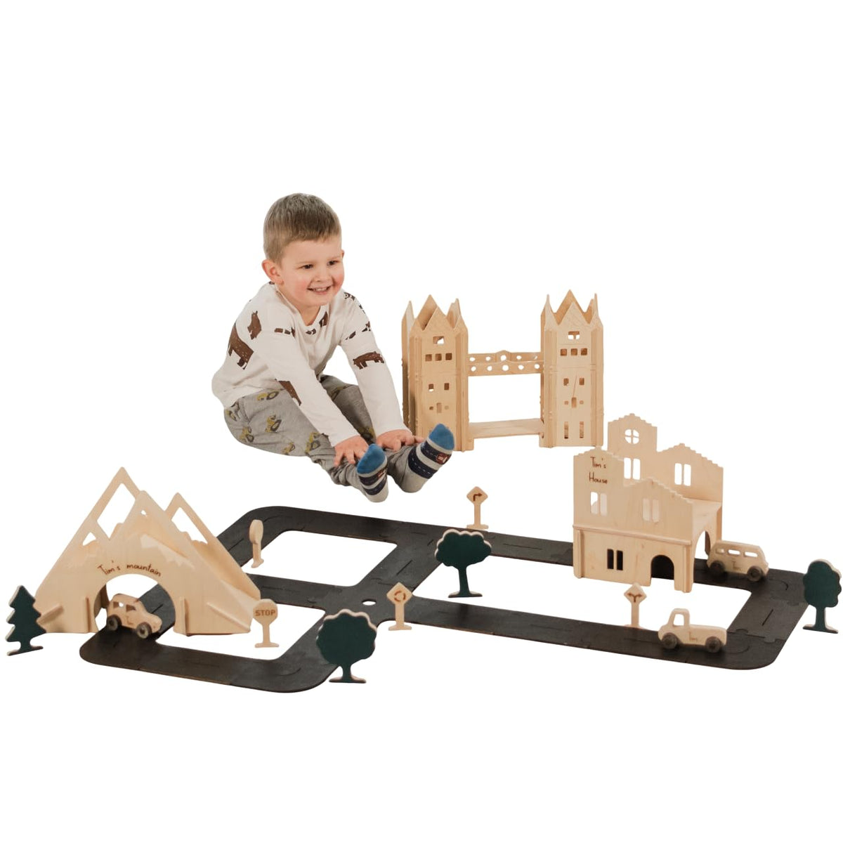 Personalized Wooden Car Track for Boys - Size S Toddler Race Track Toy Cars - Wooden Toy Cars Road with Additional Details - Montessori Kids Playing Sign for Street - Birthday Car Toy