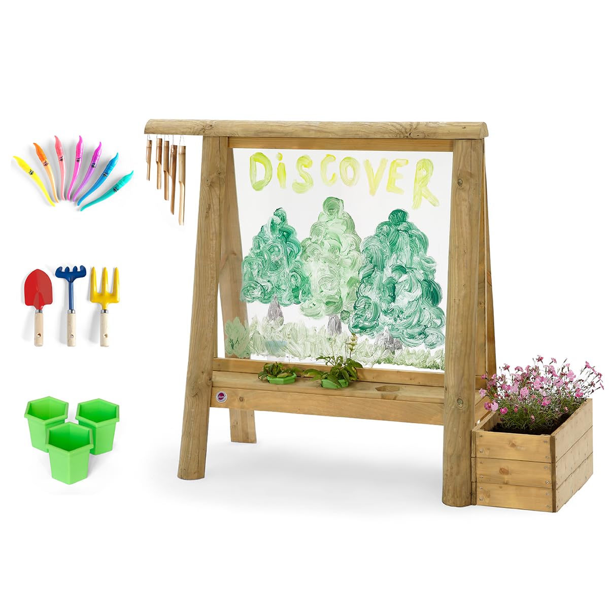 Plum® Discovery Art Easel for Kids- Outdoor Wooden Painting Easels with Paint Brush and Accessories, Learning Toys for Toddlers, Wood Planter Box, Easy to Clean, Durable, Weatherproof, Ages 3+