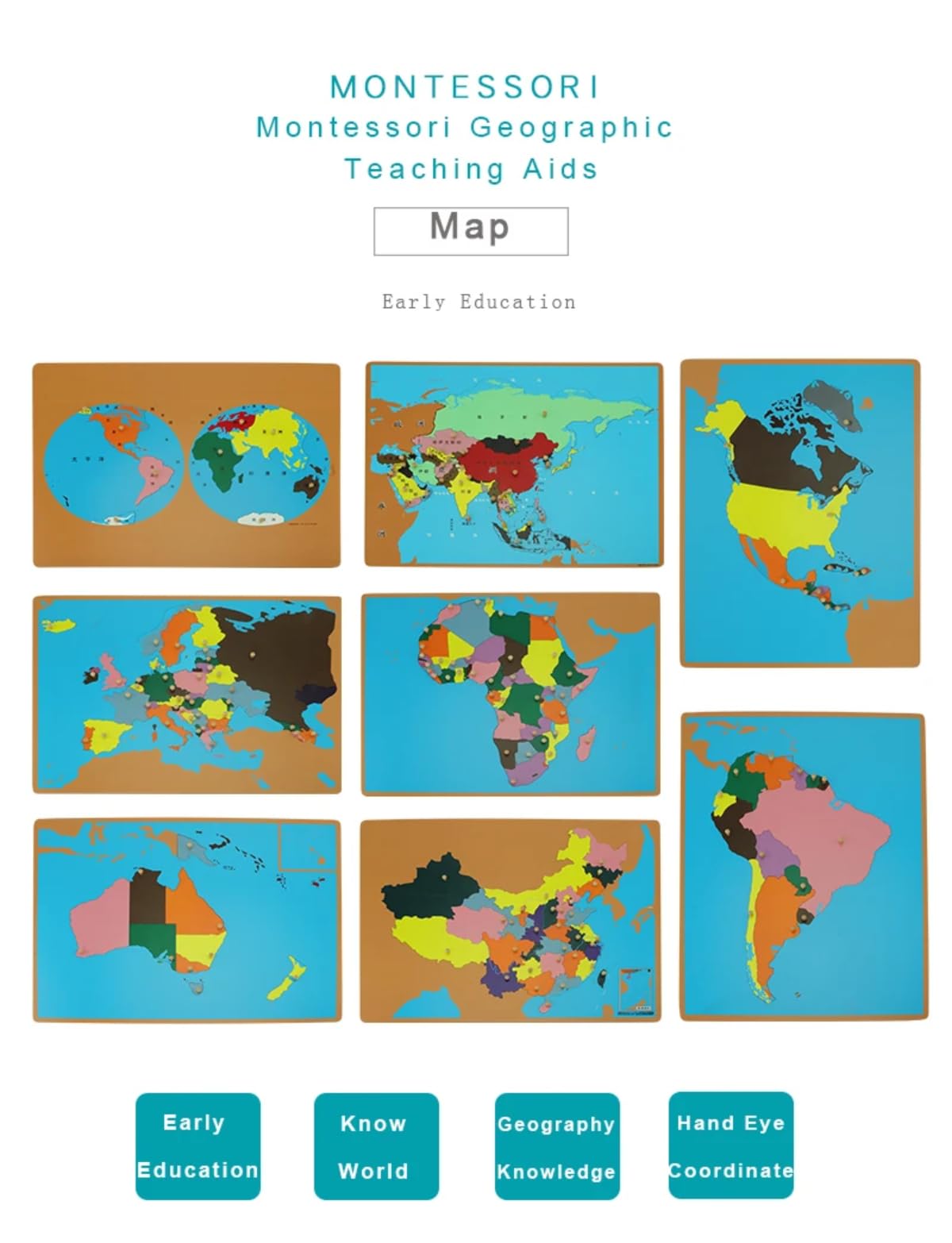 Scientific Culture World Puzzles Map with Knob 3D Puzzle Game Geography Learning Wood Maps Color Board Montessori Scientific Geography World Map Educational Teaching Toys (World Part)