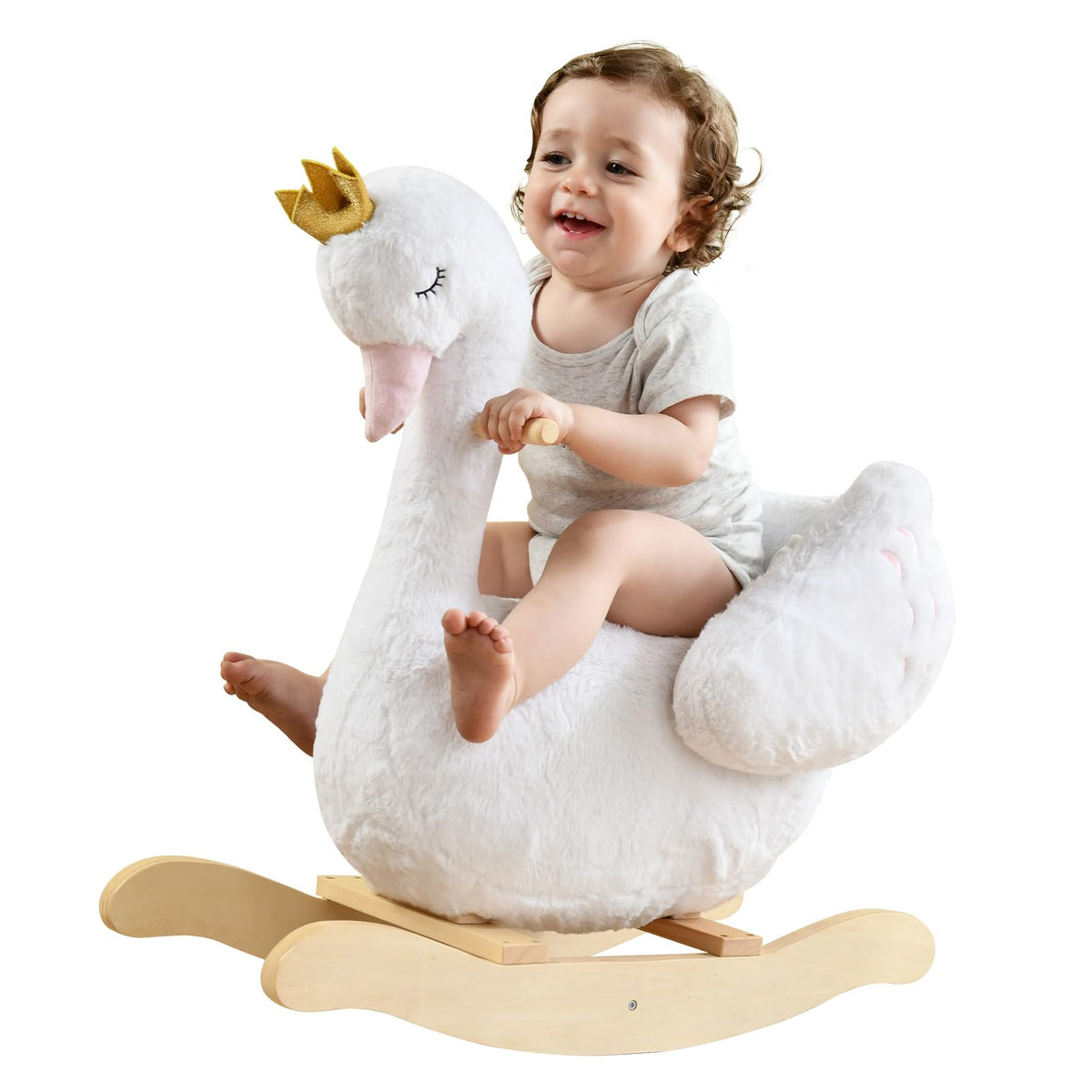 labebe Kids Rocking Horse White Swan with Little Plush Doll Toys, Stuffed Animal Wooden Rocker for Children 6 Months Boys and Girls/Nursery Christmas, Birthday Gift (Rocking Swan with Doll)