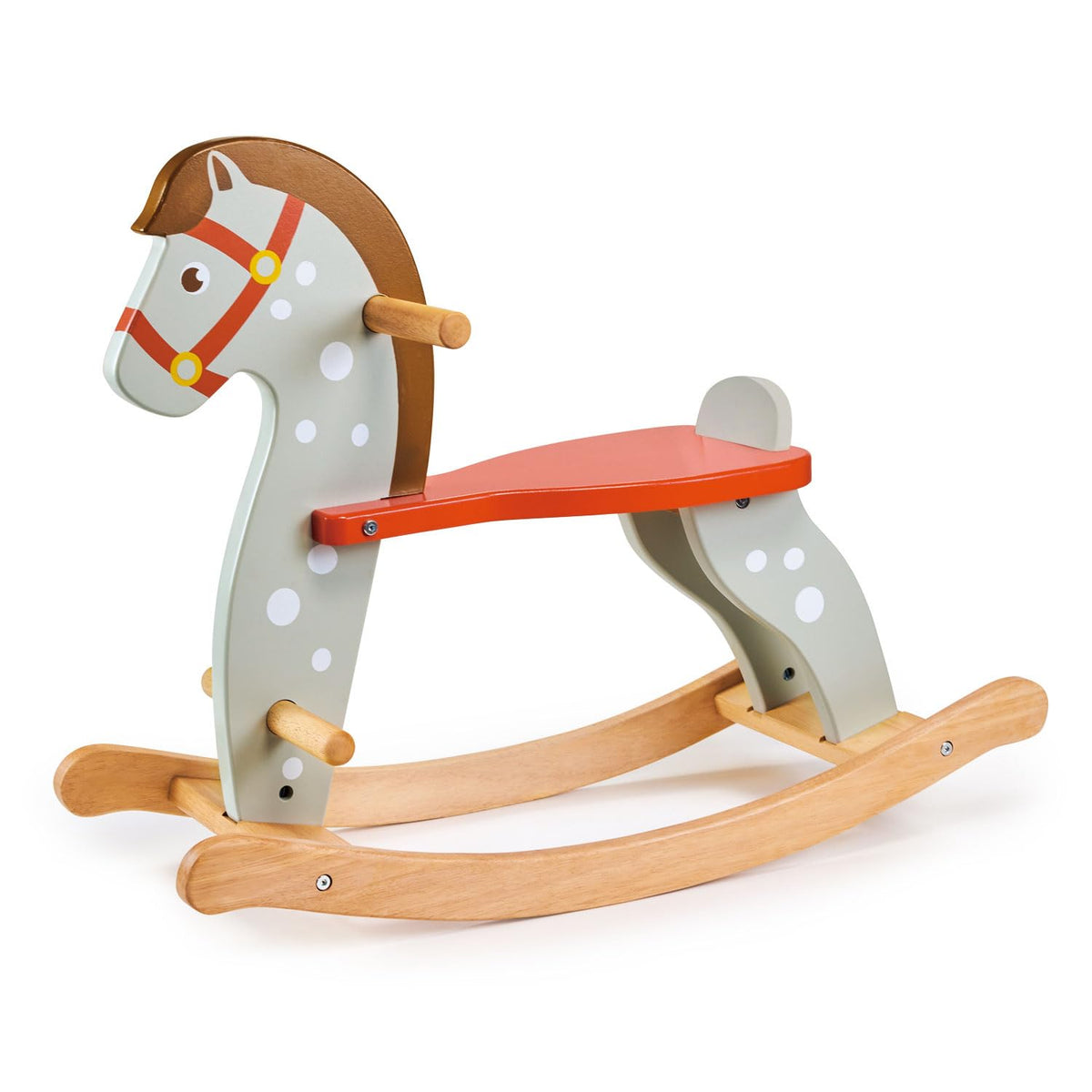 Mentari Toys - Rocking Horse - Dotted Grey Wooden Ride-On Toy with Certified Safe Anti-Tip Structure & Red Saddle, for Toddlers Kids Boys Girls Age 12 Months+