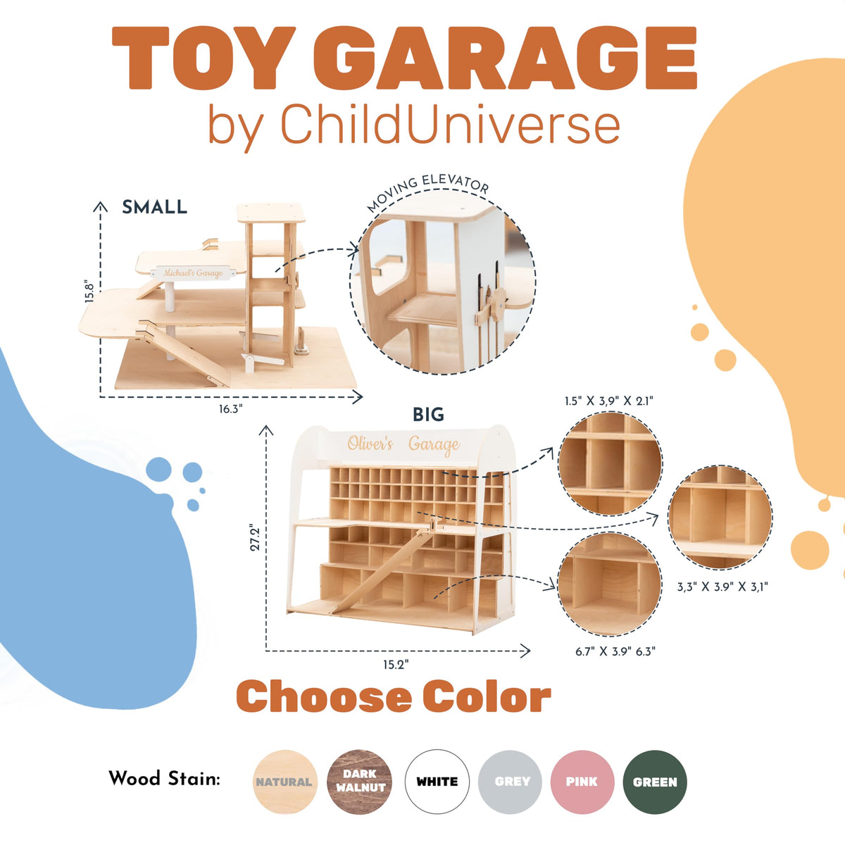 Wooden Toy Parking Garage with Elevator (Big, Green)