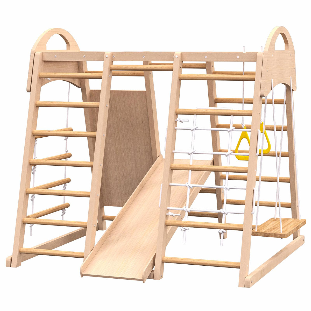 Toddler Climbing Toys Indoor Pikler Triangle Set,Foldable Wooden Ladder Climbing Gym Climber,Montessori Active Play Center with Wall&Ground Dual-Use,Natural Pine,100 lbs Capacity (7-in-1 Jungle Gym)