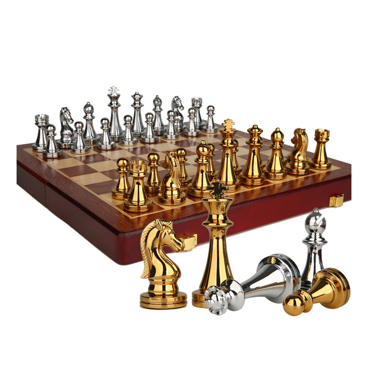 Chess Set,Set For Adults,Large Wooden Chess Board,Travel Piece With Folding/Portable Storage Board,Traditional Strategy Game,Educational Toy Adults And Kids(Size:30*30*2.8cm,Color:Bronze version)