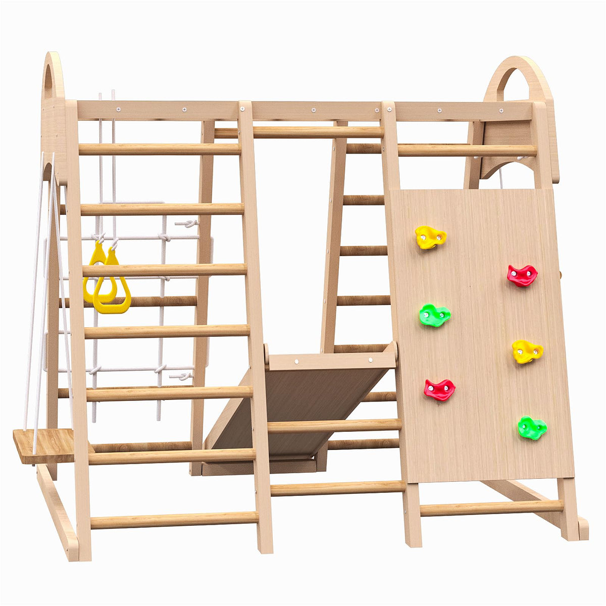 Toddler Climbing Toys Indoor Pikler Triangle Set,Foldable Wooden Ladder Climbing Gym Climber,Montessori Active Play Center with Wall&Ground Dual-Use,Natural Pine,100 lbs Capacity (7-in-1 Jungle Gym)