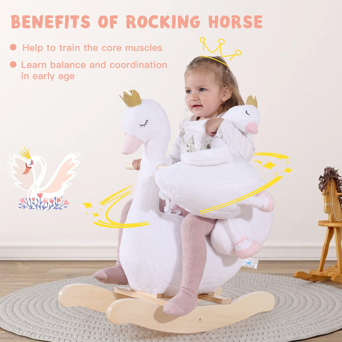 labebe Kids Rocking Horse White Swan with Little Plush Doll Toys, Stuffed Animal Wooden Rocker for Children 6 Months Boys and Girls/Nursery Christmas, Birthday Gift (Rocking Swan with Doll)