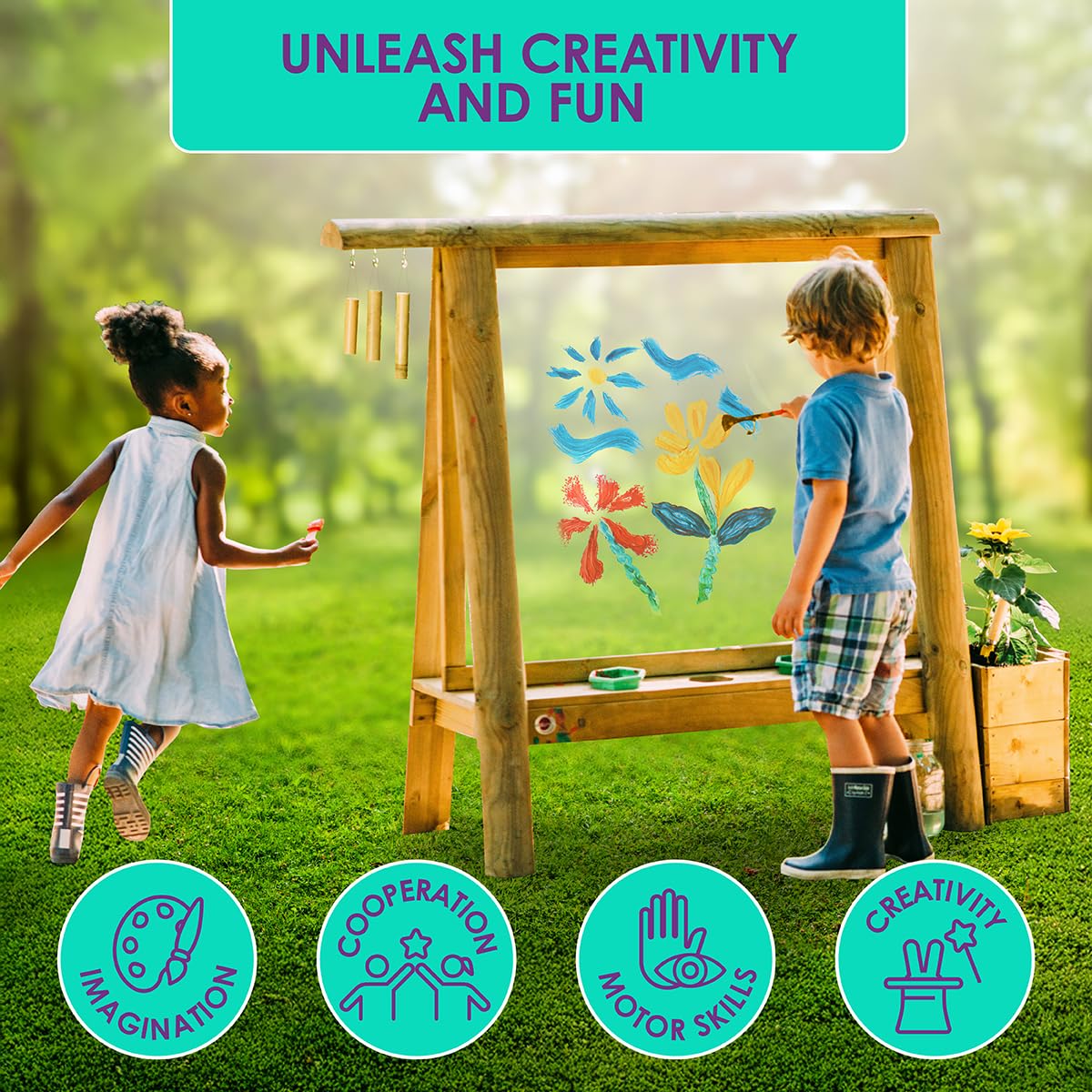 Plum® Discovery Art Easel for Kids- Outdoor Wooden Painting Easels with Paint Brush and Accessories, Learning Toys for Toddlers, Wood Planter Box, Easy to Clean, Durable, Weatherproof, Ages 3+