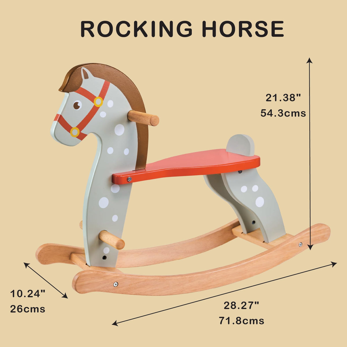 Mentari Toys - Rocking Horse - Dotted Grey Wooden Ride-On Toy with Certified Safe Anti-Tip Structure & Red Saddle, for Toddlers Kids Boys Girls Age 12 Months+