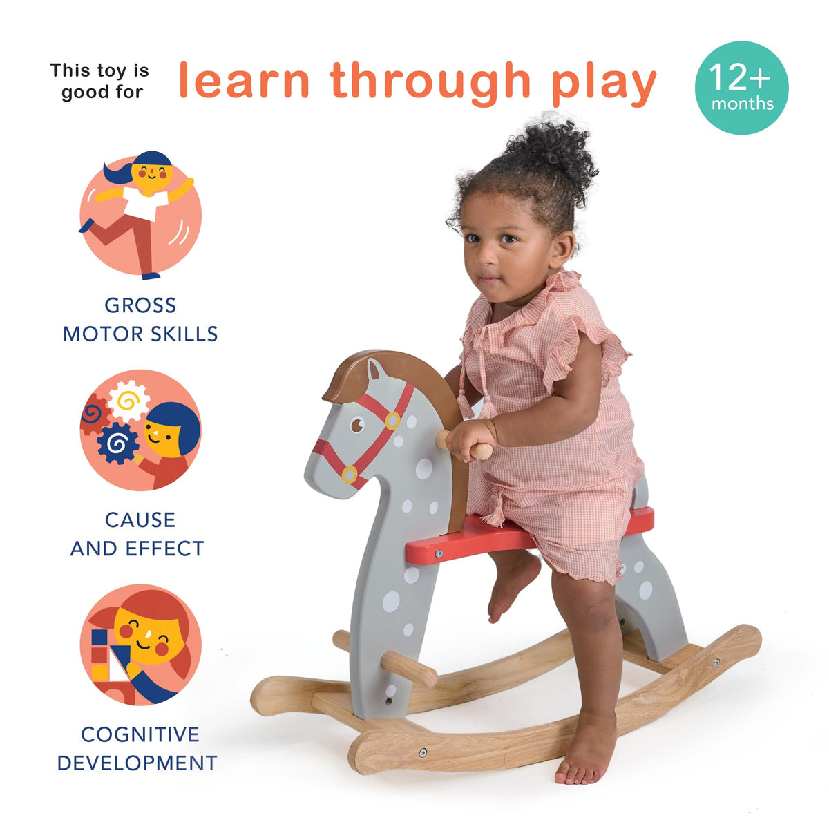Mentari Toys - Rocking Horse - Dotted Grey Wooden Ride-On Toy with Certified Safe Anti-Tip Structure & Red Saddle, for Toddlers Kids Boys Girls Age 12 Months+