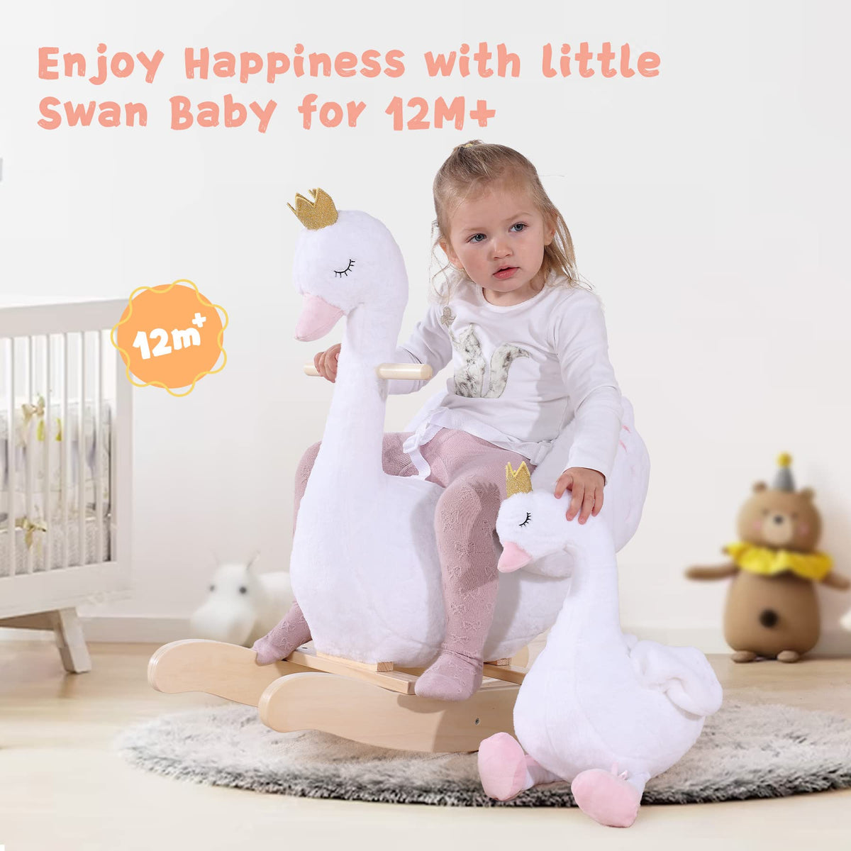 labebe Kids Rocking Horse White Swan with Little Plush Doll Toys, Stuffed Animal Wooden Rocker for Children 6 Months Boys and Girls/Nursery Christmas, Birthday Gift (Rocking Swan with Doll)