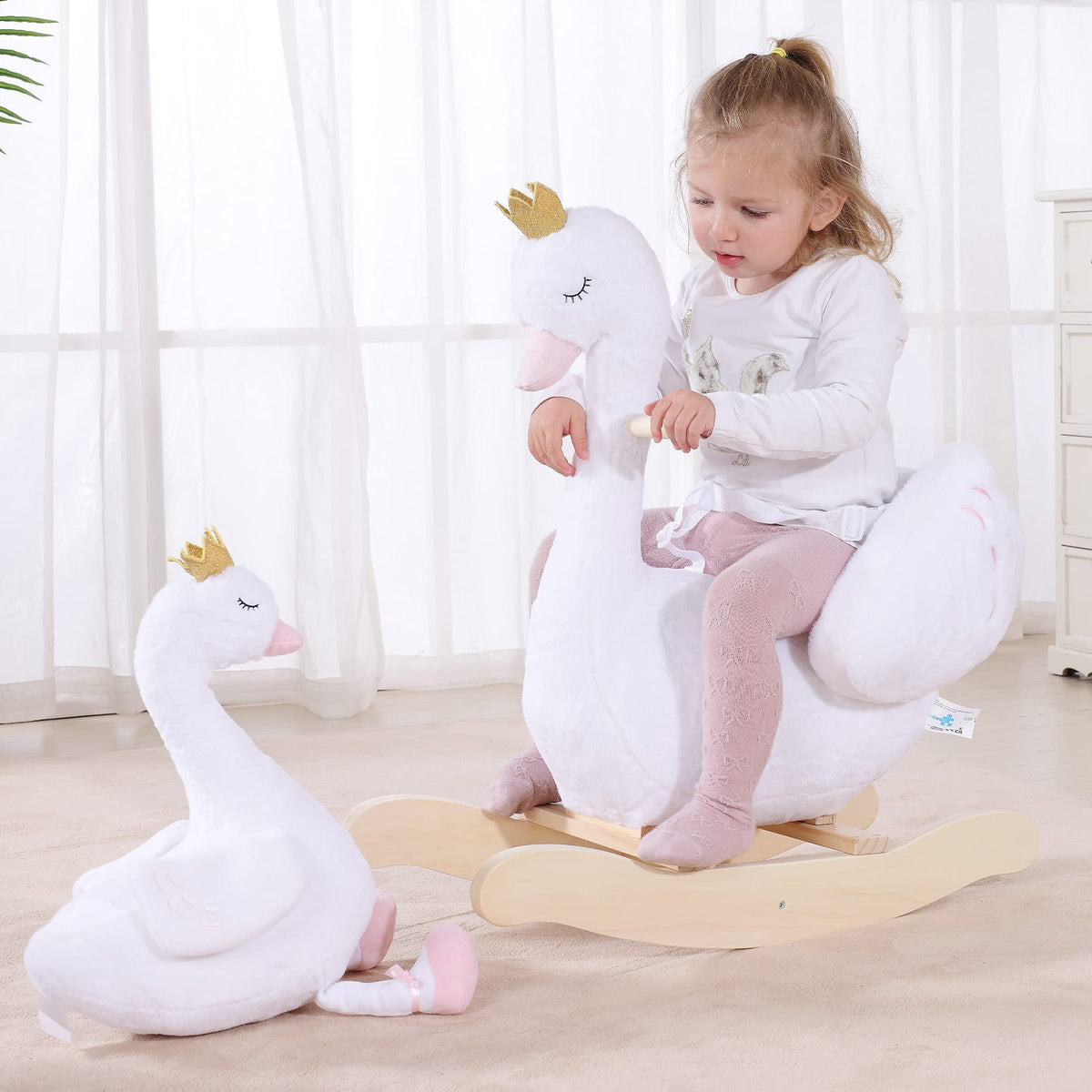 labebe Kids Rocking Horse White Swan with Little Plush Doll Toys, Stuffed Animal Wooden Rocker for Children 6 Months Boys and Girls/Nursery Christmas, Birthday Gift (Rocking Swan with Doll)