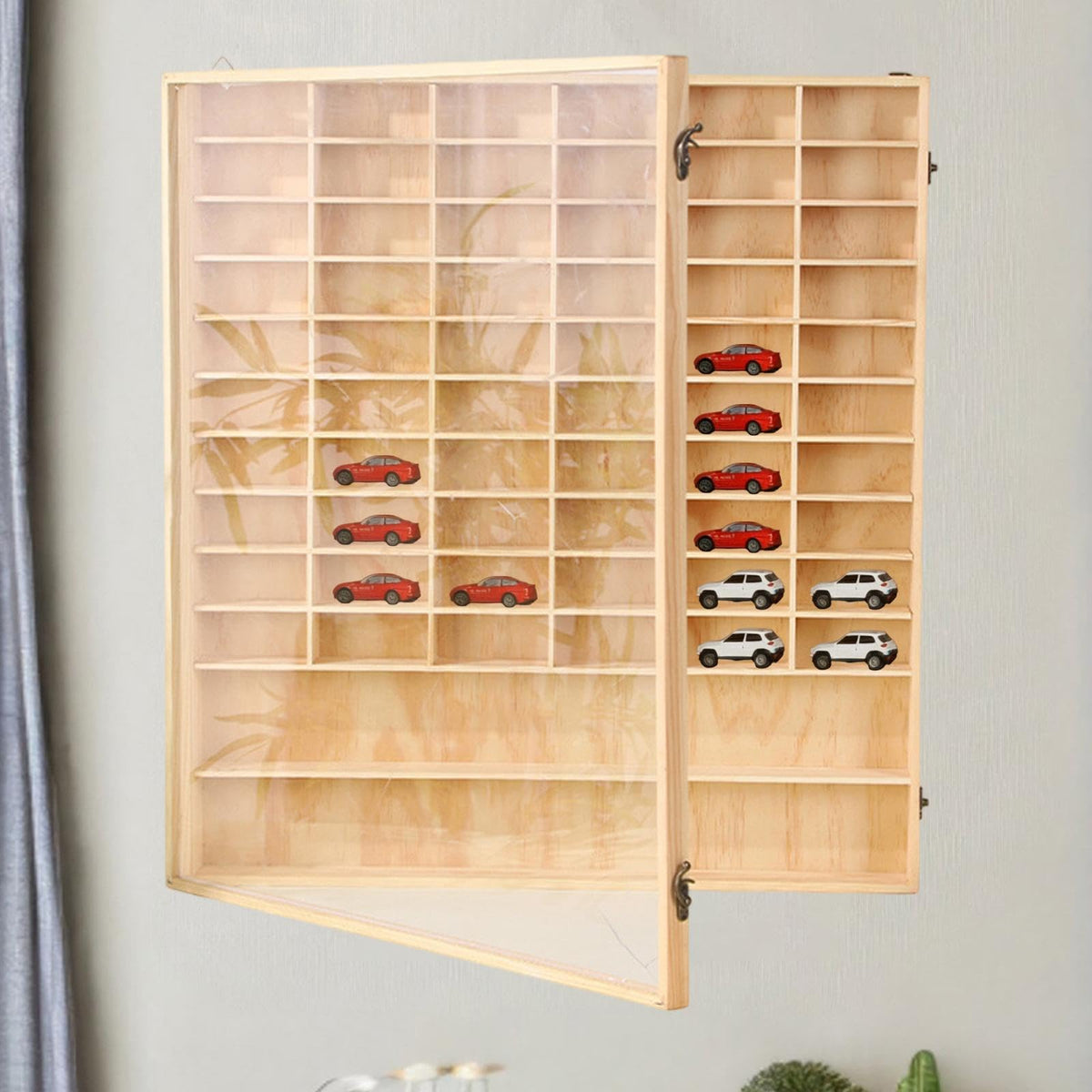 Toy Car Display Case Wooden Storage Organizer with Dustproof Door 62 Grid Display Shelf Model Car Holder Suitable for Bedroom Living