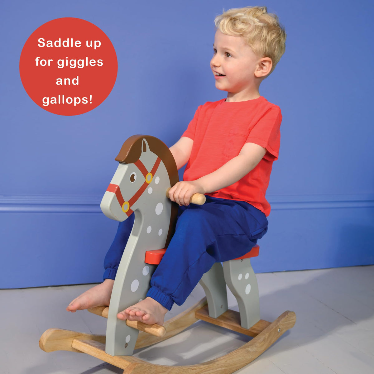 Mentari Toys - Rocking Horse - Dotted Grey Wooden Ride-On Toy with Certified Safe Anti-Tip Structure & Red Saddle, for Toddlers Kids Boys Girls Age 12 Months+