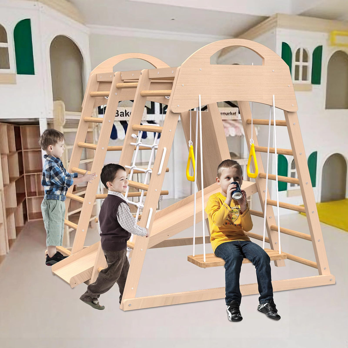 Toddler Climbing Toys Indoor Pikler Triangle Set,Foldable Wooden Ladder Climbing Gym Climber,Montessori Active Play Center with Wall&Ground Dual-Use,Natural Pine,100 lbs Capacity (7-in-1 Jungle Gym)
