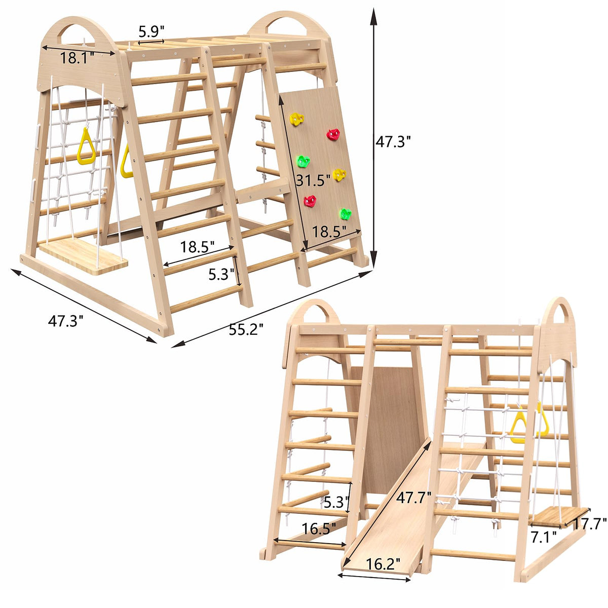 Toddler Climbing Toys Indoor Pikler Triangle Set,Foldable Wooden Ladder Climbing Gym Climber,Montessori Active Play Center with Wall&Ground Dual-Use,Natural Pine,100 lbs Capacity (7-in-1 Jungle Gym)