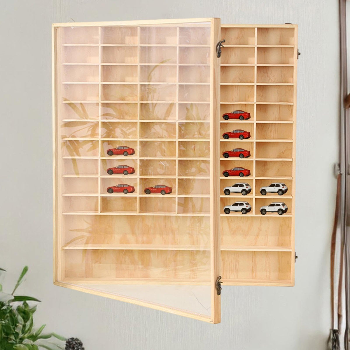 Toy Car Display Case Wooden Storage Organizer with Dustproof Door 62 Grid Display Shelf Model Car Holder Suitable for Bedroom Living