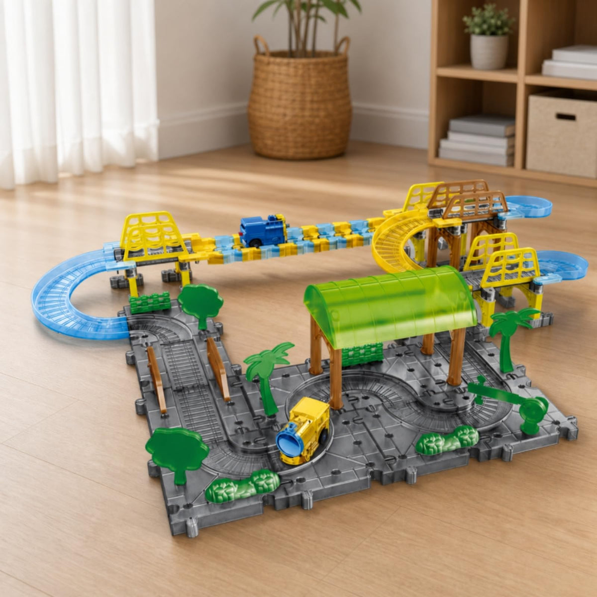 Powered Construction Toy DIY Electric Train Set with Track Operated Railway Kit with Accessories for Creative Building Play