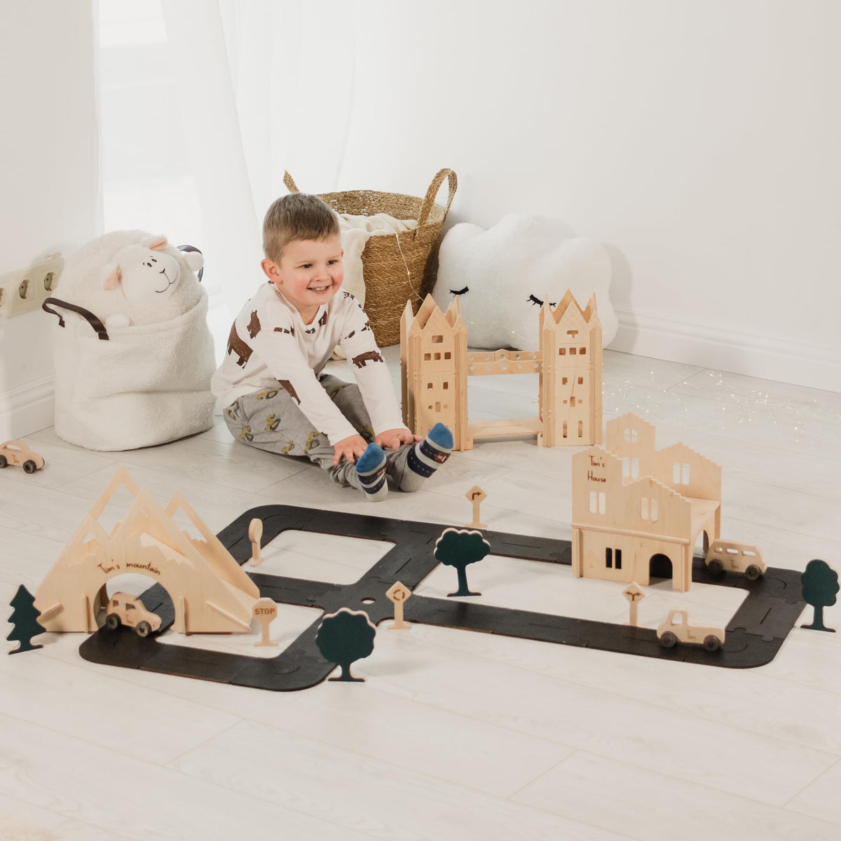 Personalized Wooden Car Track for Boys - Size S Toddler Race Track Toy Cars - Wooden Toy Cars Road with Additional Details - Montessori Kids Playing Sign for Street - Birthday Car Toy