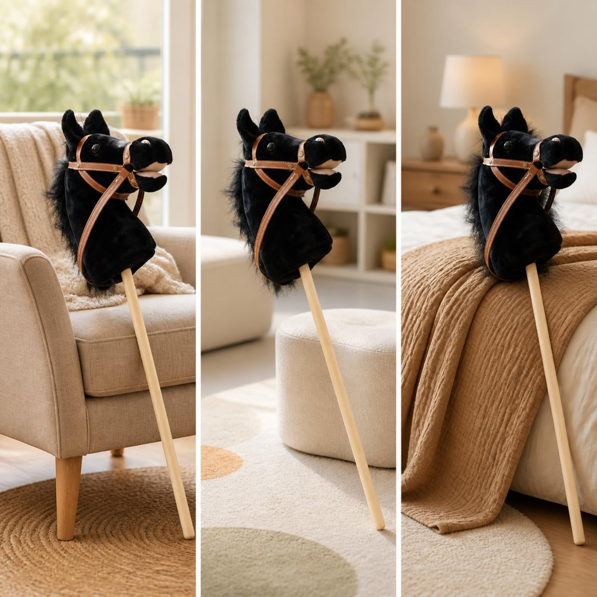 Soft Hobby Horse with Wooden Easy-Grip Horse with Reins Gentle Rideriding Toy for Children, Kids, Parties, Non Detachable