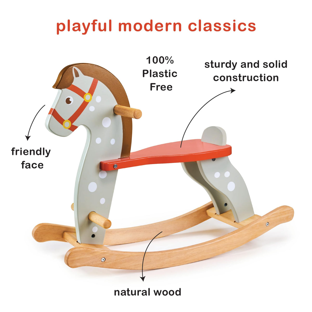 Mentari Toys - Rocking Horse - Dotted Grey Wooden Ride-On Toy with Certified Safe Anti-Tip Structure & Red Saddle, for Toddlers Kids Boys Girls Age 12 Months+