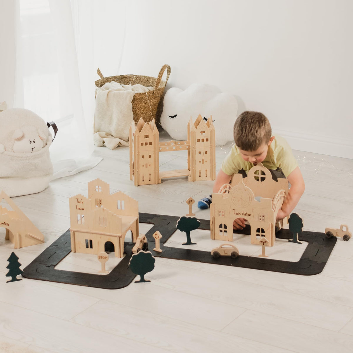Personalized Wooden Car Track for Boys - Size S Toddler Race Track Toy Cars - Wooden Toy Cars Road with Additional Details - Montessori Kids Playing Sign for Street - Birthday Car Toy