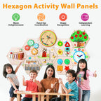 9Pcs Hexagon Activity Wall Busy Board Panels, Wooden Sensory Wall Panel for Kids, Montessori Learning Activity Center, Educational Toys for Toddler Playroom Daycare Nursery Classroom Birthday Gifts