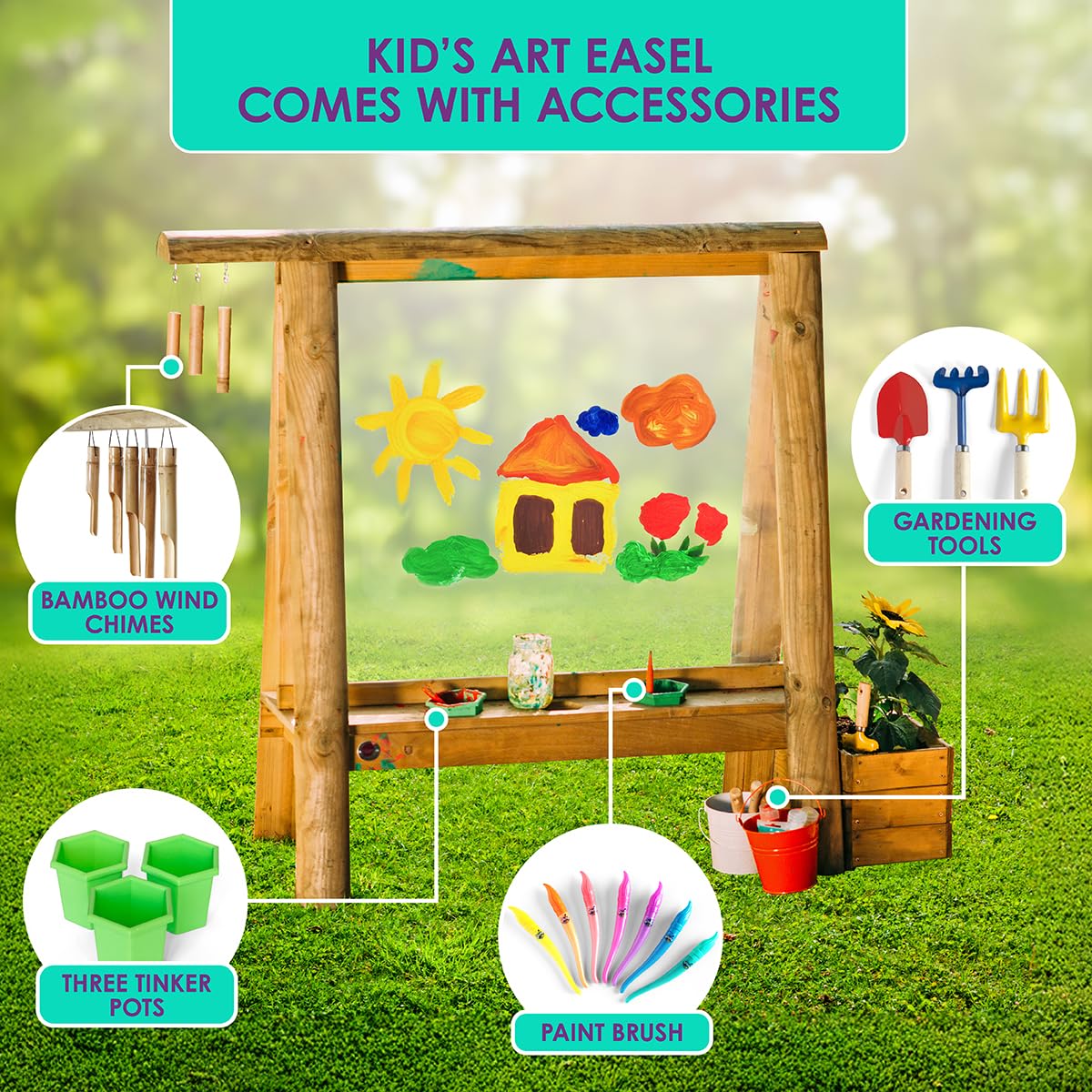 Plum® Discovery Art Easel for Kids- Outdoor Wooden Painting Easels with Paint Brush and Accessories, Learning Toys for Toddlers, Wood Planter Box, Easy to Clean, Durable, Weatherproof, Ages 3+