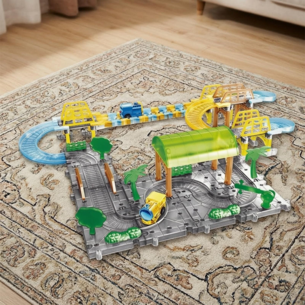 Powered Construction Toy DIY Electric Train Set with Track Operated Railway Kit with Accessories for Creative Building Play