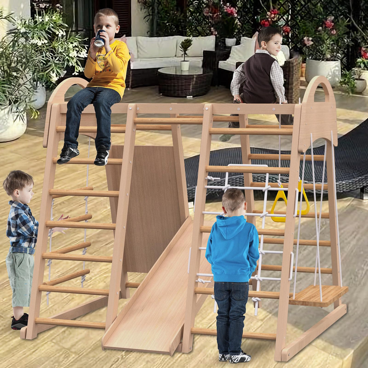 Toddler Climbing Toys Indoor Pikler Triangle Set,Foldable Wooden Ladder Climbing Gym Climber,Montessori Active Play Center with Wall&Ground Dual-Use,Natural Pine,100 lbs Capacity (7-in-1 Jungle Gym)